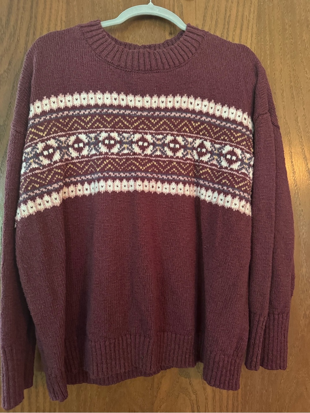 L.L. Bean Women's Burgundy Fair Isle Crewneck Sweater